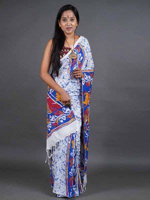 Buy Odette Women Blue and White Printed Cotton Saree with Unstitched Online
