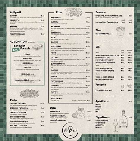 Menu au MI PIACE restaurant, Bagnolet