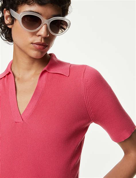 Buy Cotton Rich Ribbed Collared Knitted Top at Marks & Spencer