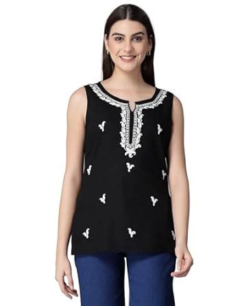 QAZMI Women's Laiba Kashmiri Embriodered Black Sleeveless Short Kurti ...