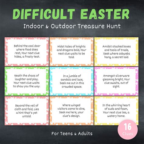 Difficult Easter Indoor and Outdoor Scavenger Hunt for Older Kids, Treasure Hunt Game Clues for ...