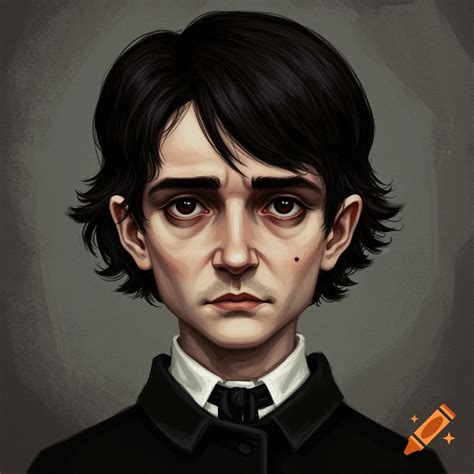 Portrait of a young boy with dark, messy hair covering his eyebrows, large ears, and a mole. on ...