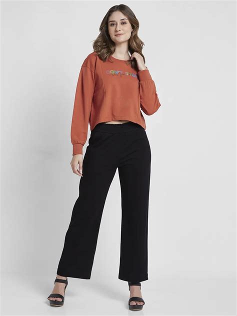 Spykar Women Terracotta Blended Boxy Fit Round Neck Printed Crop Sweatshirt