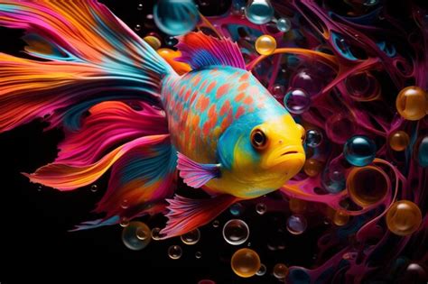 Rainbow fish surrounded by floating bubbles | Premium AI-generated image