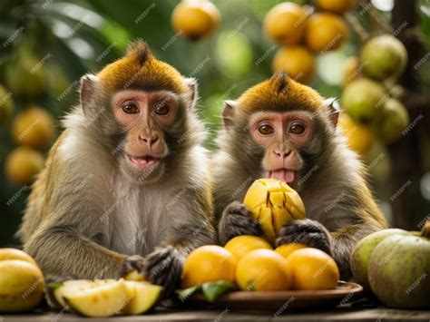 Premium Photo | Two monkeys sitting next to each other eating fruit on ...