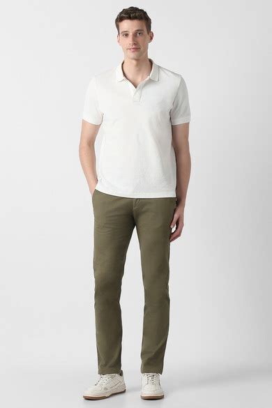 Peter England Casuals Casual Trousers, Men Olive Solid Smart Slim Fit ...
