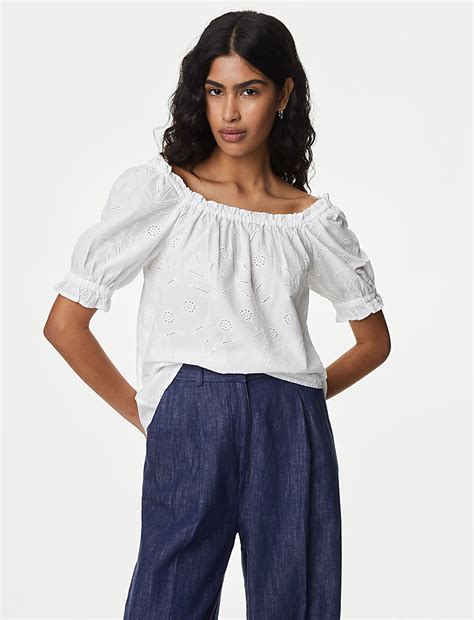 Buy Pure Cotton Broderie Square Neck Top at Marks & Spencer