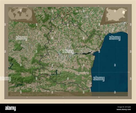Varna, province of Bulgaria. High resolution satellite map. Locations of major cities of the ...