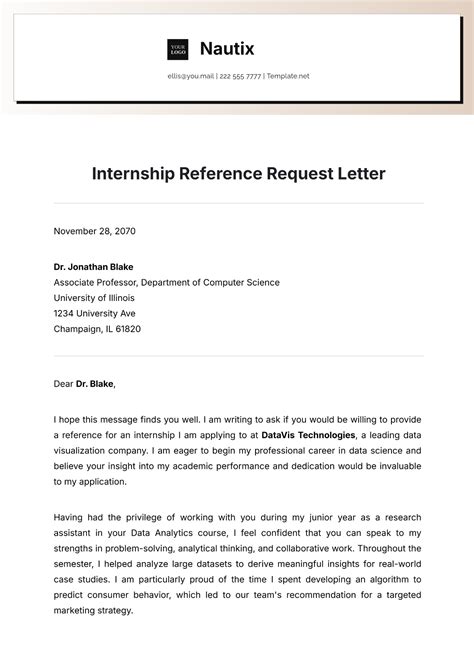 Free Internship Reference Request Letter Template to Edit Online