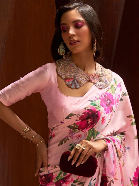 Carnation Pink Satin Silk Designer Saree – TrendOye