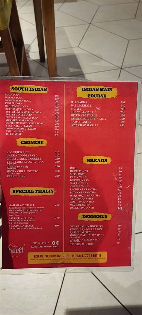 Menu at Bareilly Ki Barfi, Chandigarh, MP4P+XXF