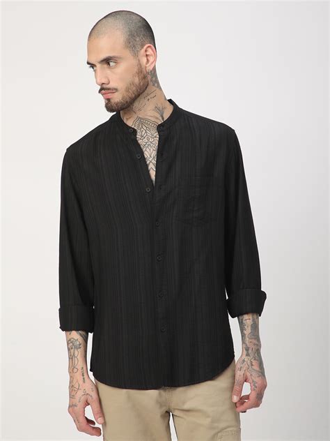 Black Pencil Stripes Mandarin Shirt – Vastrado