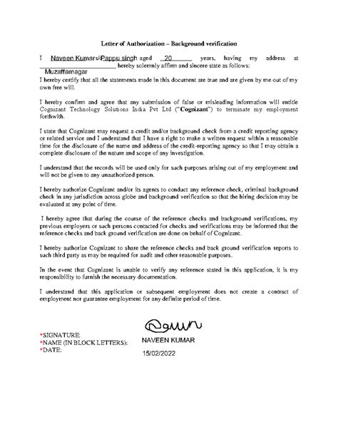 Letter of Authorization for Background Verification - Cognizant - Studocu