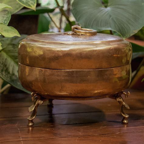 Handcrafted Vintage Floral Engraved Brass Chapati Box on Legs - Small