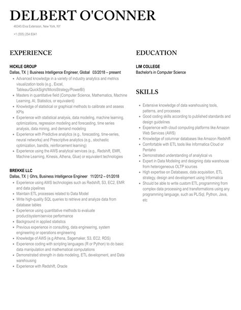 Business Intelligence Engineer Resume Samples | Velvet Jobs