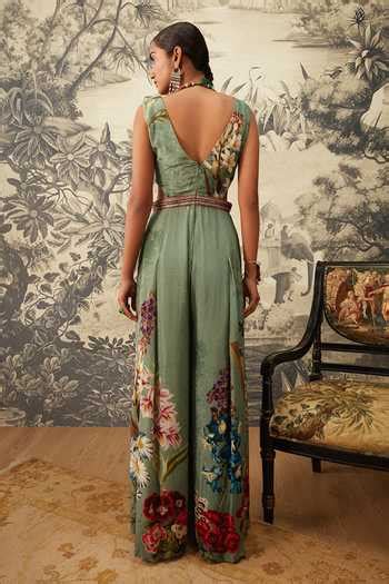 Buy Green Crepe Embroidery V-neck Freya Printed Jumpsuit For Women by ...