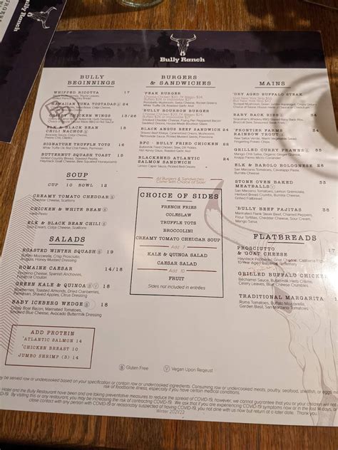 Menu at Bully Ranch Restaurant, Vail