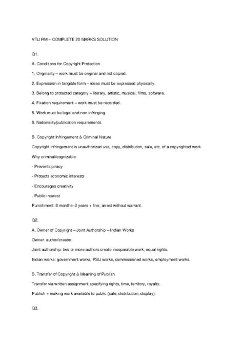 VTU RM Complete 20 Marks Solutions: Copyright & Trademark Law - Studocu