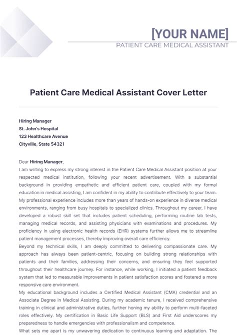 Free Patient Care Medical Assistant Cover Letter Template to Edit Online