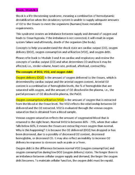 Shock Lecture Notes - med surg - Shock, Module 6 Shock is a life ...