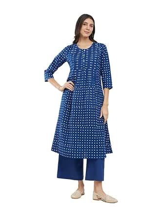 Buy Pink Fort Cotton Dabu Polka Pintuck Kurta Set - Blue at Amazon.in