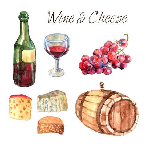 Wine and cheese watercolor pictograms set | Free Vector