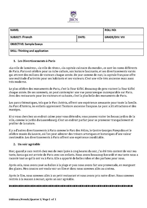 Quarter 3- Sample Essays - Oshiwara/French/Quarter 3 / Page 1 of 1 NAME ...