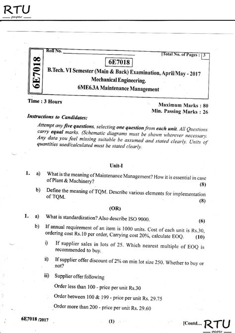 2017 Maintenance Management - B. VI Semester (Main & Back) Examination ...