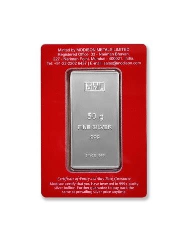Modison Silver Bar of 50 Grams in 24Kt 999 Purity Fineness in Certicard
