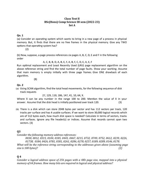 Question of Operating system - Class Test II BSc(Hons) Comp Science III ...