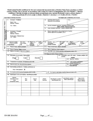 Fillable Online Model animal health certificate for the non-commercial ...
