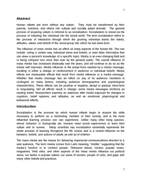 Mass Media and Socialization - Abstract Human infants are born without ...