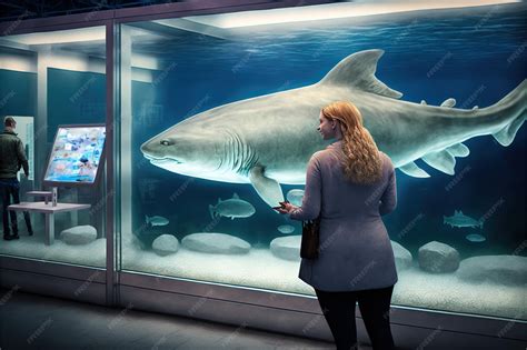 Premium Photo | Woman looking at the experimental shark in a big fish ...