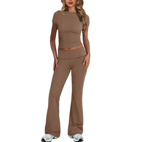 SXcggal Womens 2 Piece Sets Fold Over Flare Pants Set Long Sleeve ...