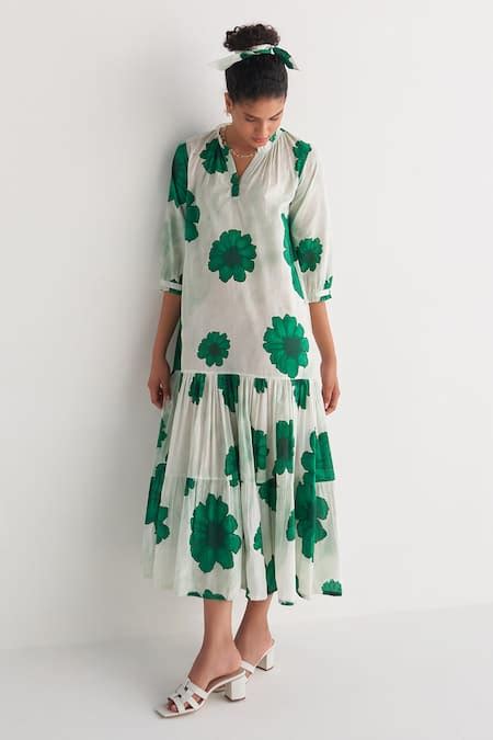 Buy Green Cotton Bandeau Neck Fantasy Woven Tiered Dress For Women by ...