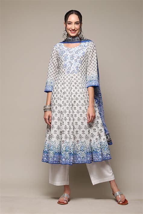 White Cotton Anarkali Printed Kurta Narrow Palazzo Suit Set