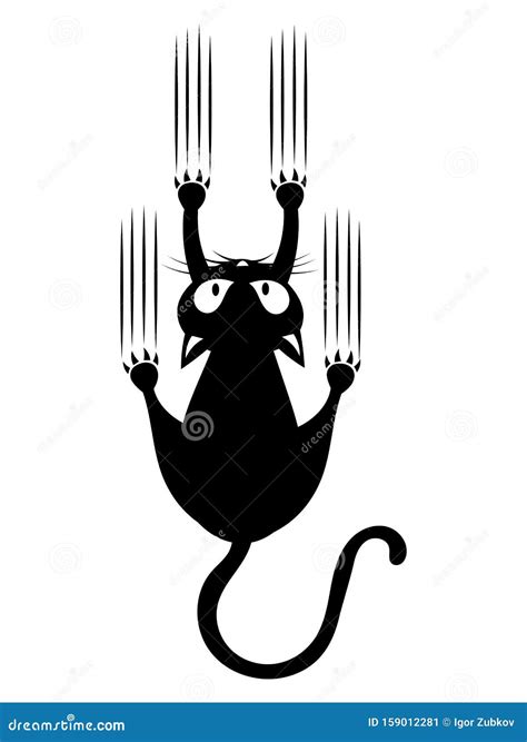 Black Cat Scratching The Wall. Silhouette Of Cartoon Cat Climbing The ...