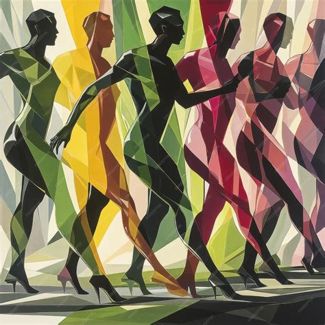 A vibrant abstract illustration of stylized figures in motion ...