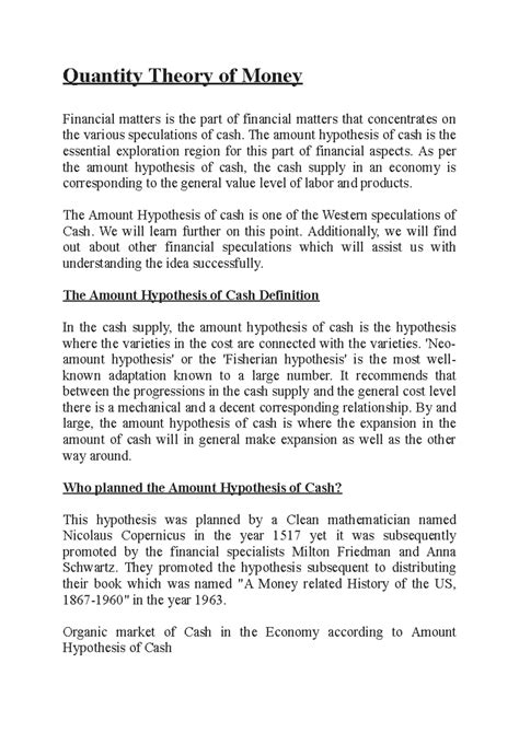 Quantity Theory of Money - Quantity Theory of Money Financial matters ...