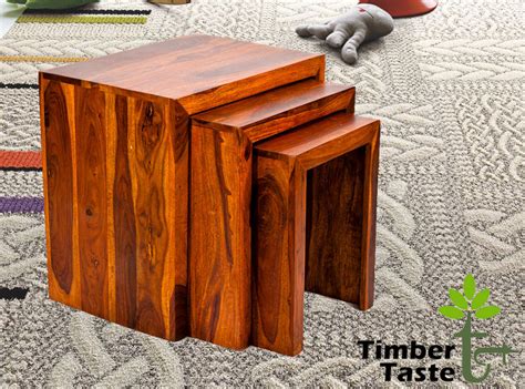 TimberTasteSheesham Wood SATIN Nest of Table (Set of 3) Natural Teak F
