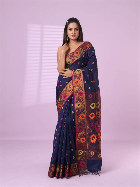 Midnight Blue Texture Motifs Cotton Silk Saree With Floral Border ...
