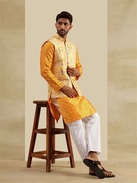 Men's Jacquard Silk Yellow Kurta & White Pyjama With Jacquard Silk Yel ...