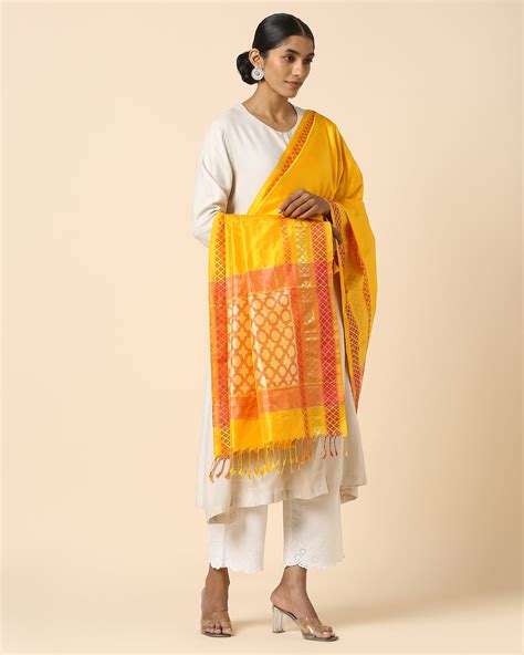 Order Bashiki Pochampally Medium Yellow Silk Dupatta | Aadyam