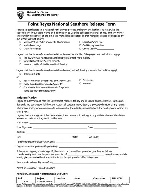 Point Reyes National Seashore Release Form - Blank Fillable Template ...