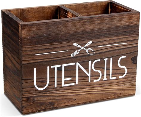 PUERSI Rustic Wooden Utensil Holder with 2 Compartments for India | Ubuy