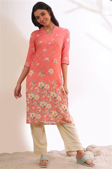 Buy Salmon Pink Floral Printed Modal Straight Kurta Online for Woman ...