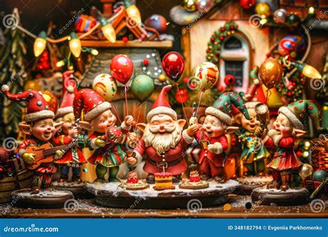 Festive Santa Claus Birthday Celebration with Elves and Balloons in ...
