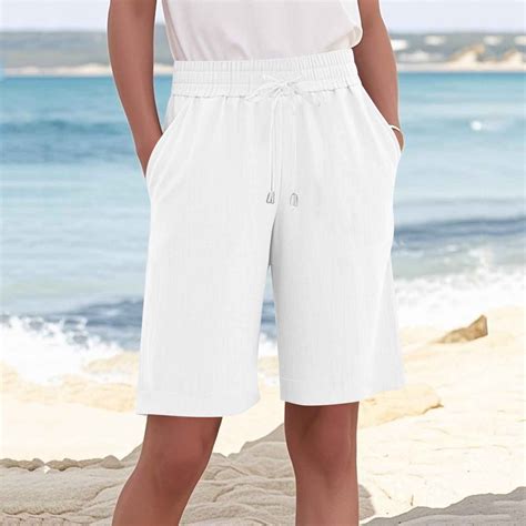 Sakmal Plus Size Womens Shorts White Cotton Linen Bermuda High Waisted ...
