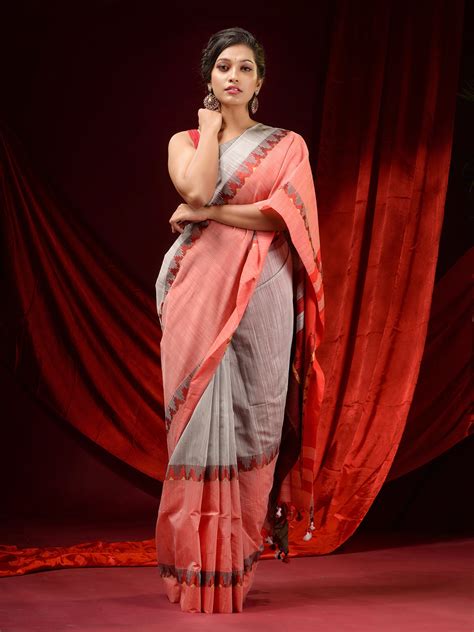 Grey And Peach Pure Cotton Handwoven Saree With Temple Borders – Charukriti