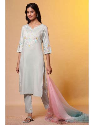 Buy Aurelia Women Blue Rayon Kurta with Pant & Dupatta (Set of 3) Online